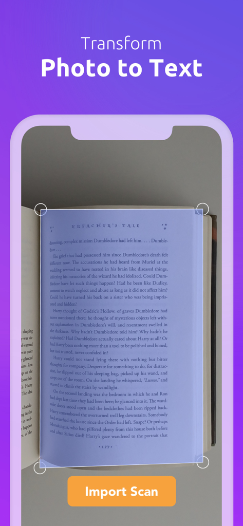 Text To Speech: Natural Voices - Mobile app interface showing the transform photo to text feature scanning a printed book page