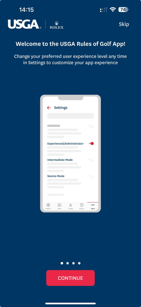 The Official Rules of Golf - Onboarding screen of the USGA Rules of Golf app showing options to select experience levels like experienced or novice mode.