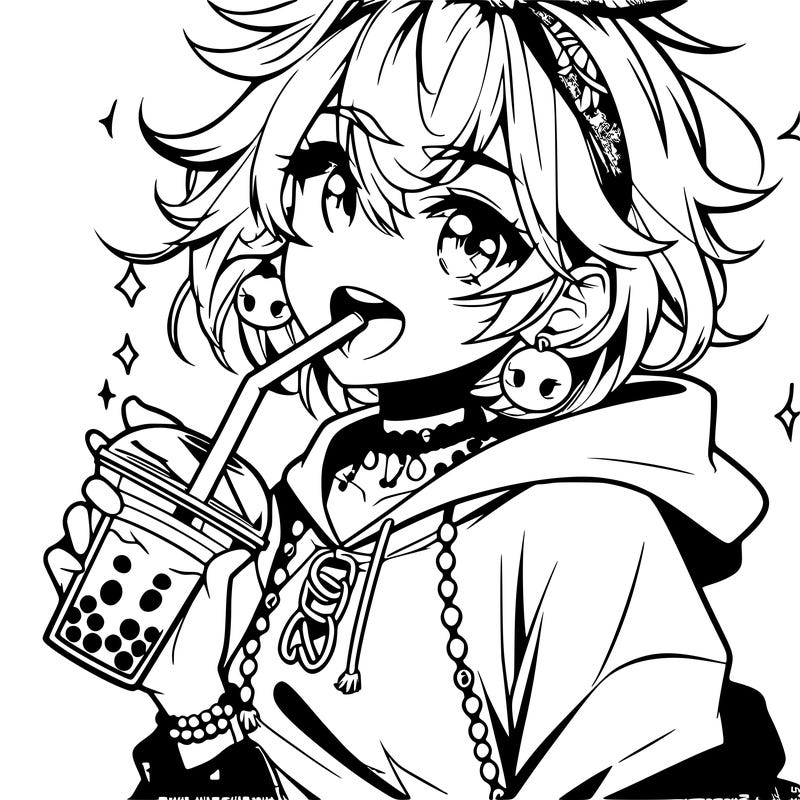 hot baddie anime girl drinking boba and biting the straw