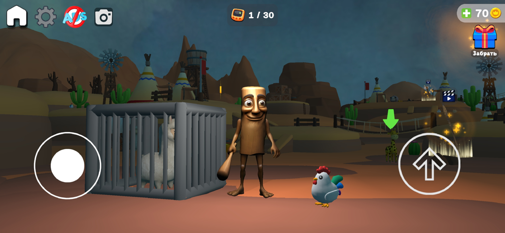 Uma captura de tela de Obby Parkour Escape mostrando um personagem de meme de madeira em um nível desértico com uma lhama em uma gaiola