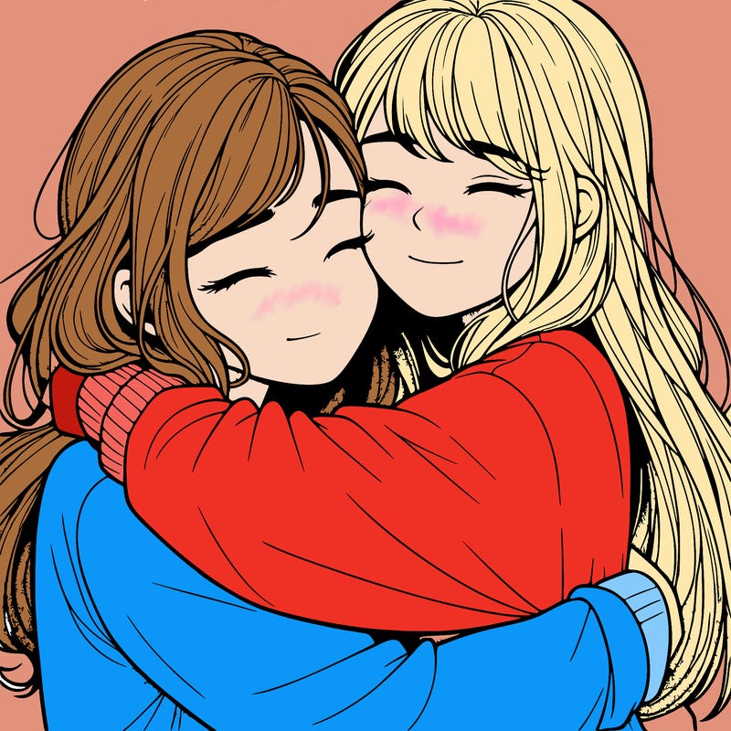 realistic two girls hugging
