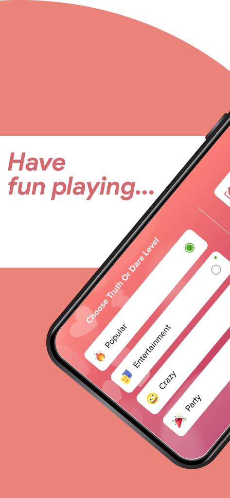 Truth or Dare app screen showing game levels including Popular, Entertainment, Crazy, and Party