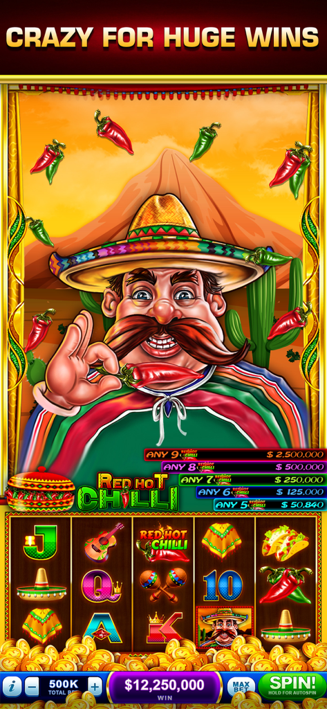 Super Vegas Slotsのメキシカンをテーマにしたレッドホットチリスロットマシン。ソンブレロをかぶった漫画のキャラクターと大きな勝利表示が特徴。