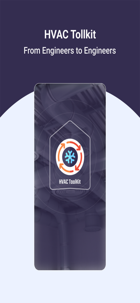 HVAC ToolKit - Tela de introdução do aplicativo móvel HVAC ToolKit apresentando o logotipo e o slogan De Engenheiros para Engenheiros sobre um fundo de dutos de ar.