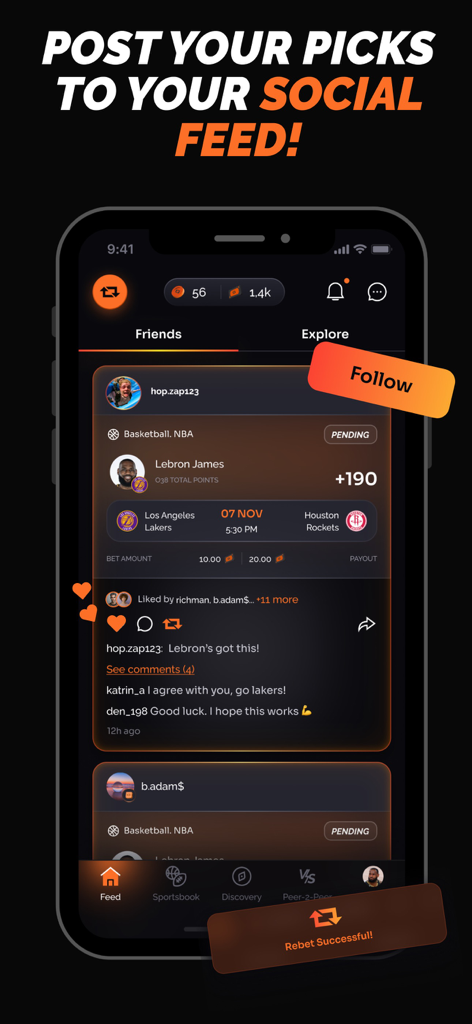ReBet: Social Sports & Casino - Mobile app interface of the Rebet social feed showing sports picks user comments and social interactions.