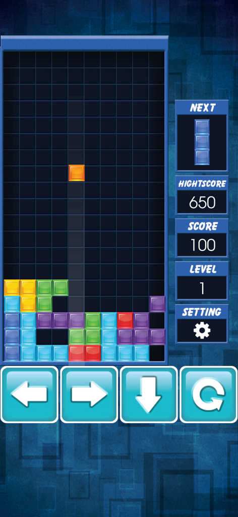 Gameplay of a classic block puzzle game with colorful tiles and navigation buttons