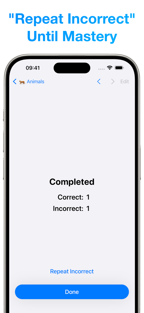 Amazing Flash Cards - Amazing Flash Cardsアプリの画面。学習セッションの結果が表示され、マスターのために間違ったカードを繰り返すオプションがあります。
