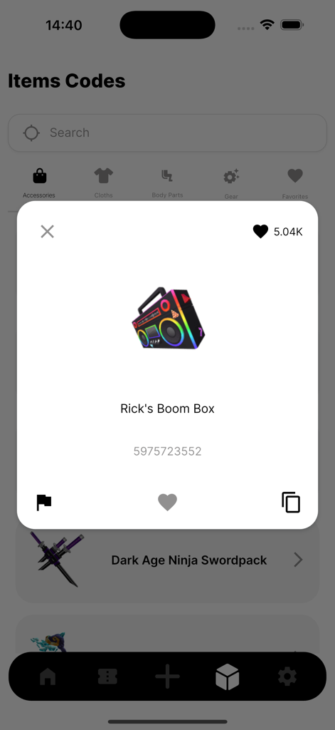 A popup window in the Rbx Codes For RBLX app showing the item code for Ricks Boom Box