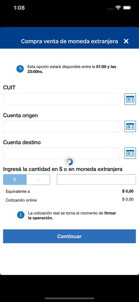 BBVA Net Cash Argentina app screen for buying and selling foreign currency