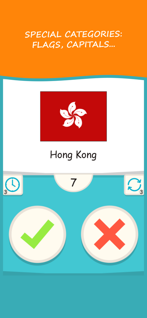 True or False? Trivia Quiz - Jugabilidad del Juego de Preguntas Verdadero o Falso mostrando una pregunta de la categoría de banderas sobre Hong Kong con botones verdadero y falso