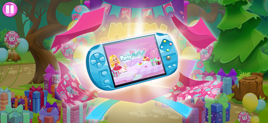 Like Nastya: Party Time - 기발한 숲 속에 있는 분홍색 선물 포장에서 튀어나오는 Party Nastya 로고가 있는 파란색 휴대용 게임 콘솔