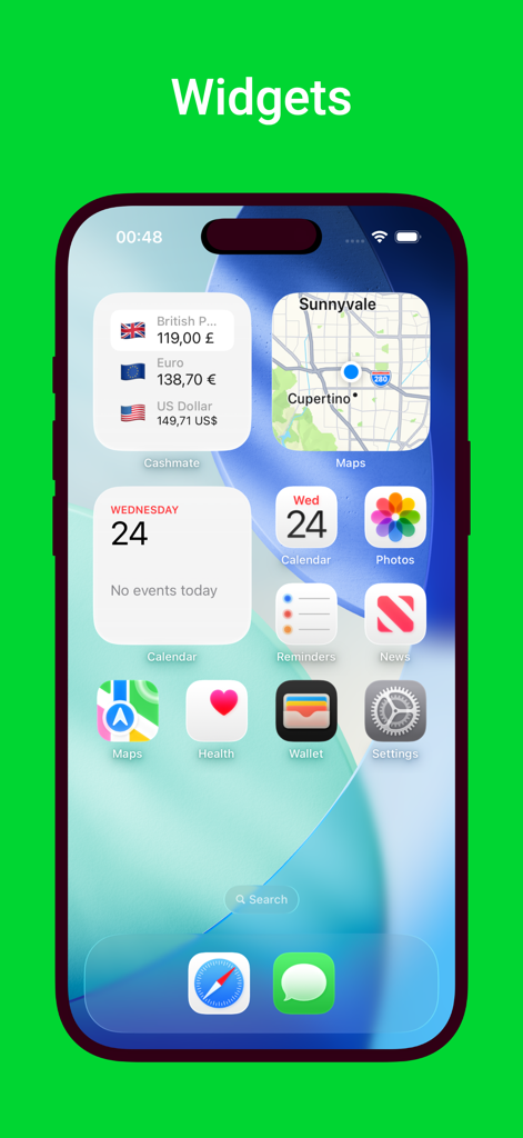 Money Converter - Cashmate - Pantalla de inicio del iPhone mostrando el widget convertidor de divisas Cashmate con tipos de cambio de Libra Británica, Euro y Dólar Estadounidense.