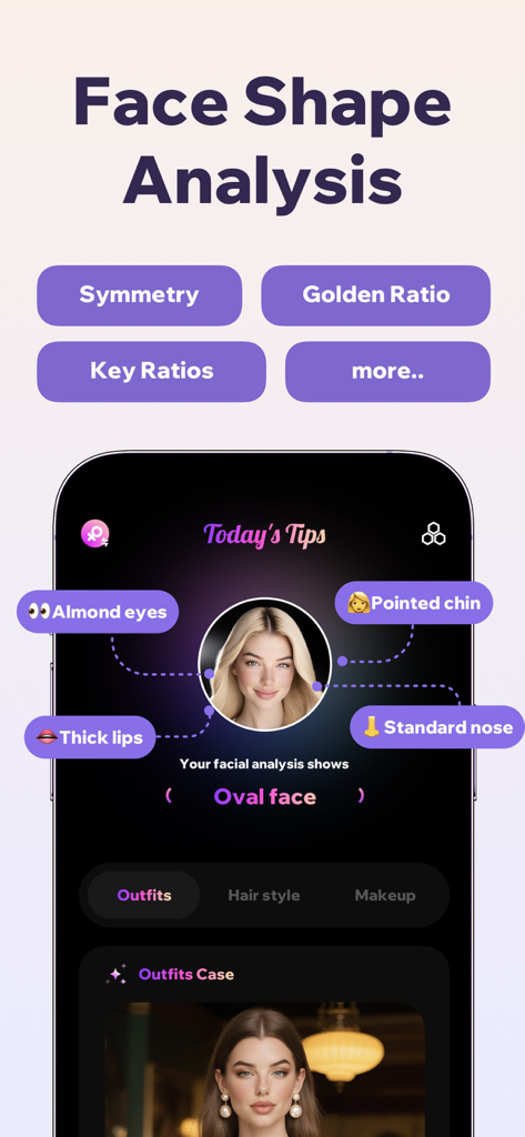 Prookie: Hair AI Hairstyle app - Screenshot dell'app Prookie che mostra l'analisi AI della forma del viso con etichette delle caratteristiche facciali come occhi a mandorla e forma del viso ovale