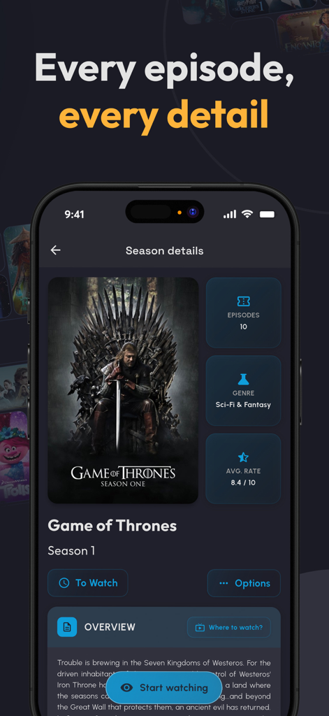 Watch List: TV Series & Movies - Pantalla de la aplicación Lista de Ver mostrando detalles de la temporada de Game of Thrones con información de calificación y episodios
