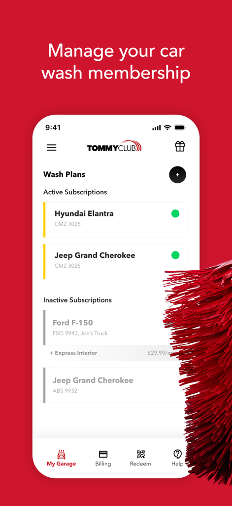 Tommy's Express 앱 내 여러 차량의 활성 및 비활성 세차 구독 상태를 보여주는 모바일 앱 화면