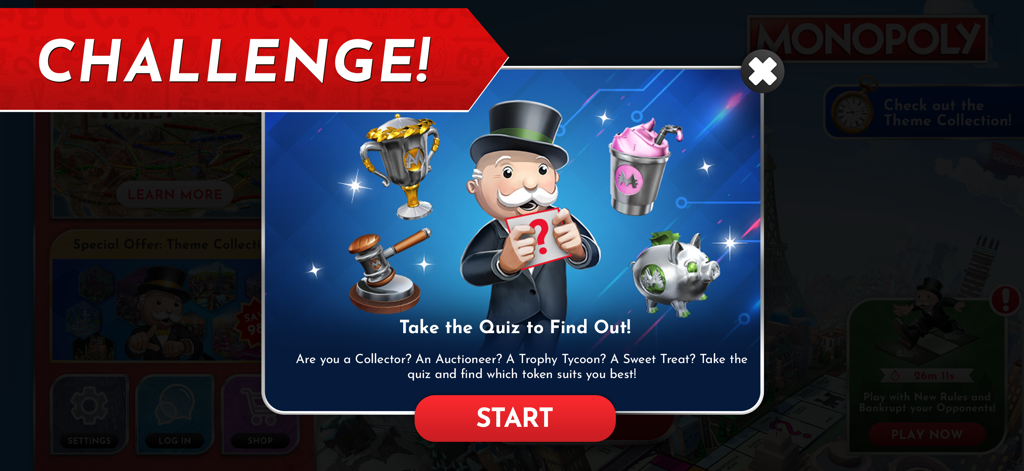 Monopoly game challenge pop up showing Mr Monopoly and a token personality quiz