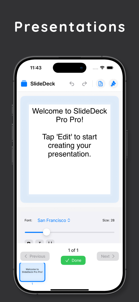 Captura de pantalla del iPhone de la interfaz del editor de Presentation Pitch Slidedeck mostrando el editor de presentación con una diapositiva de bienvenida y opciones de formato de texto
