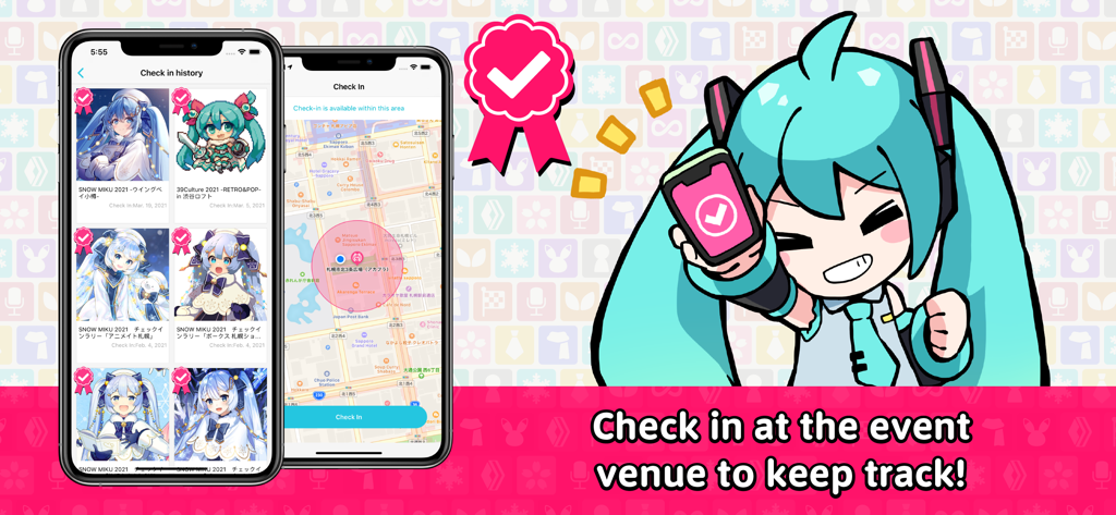 Hatsune Miku official Mikunavi - Hatsune Miku Mikunavi app interface showing event check-in map and badge history