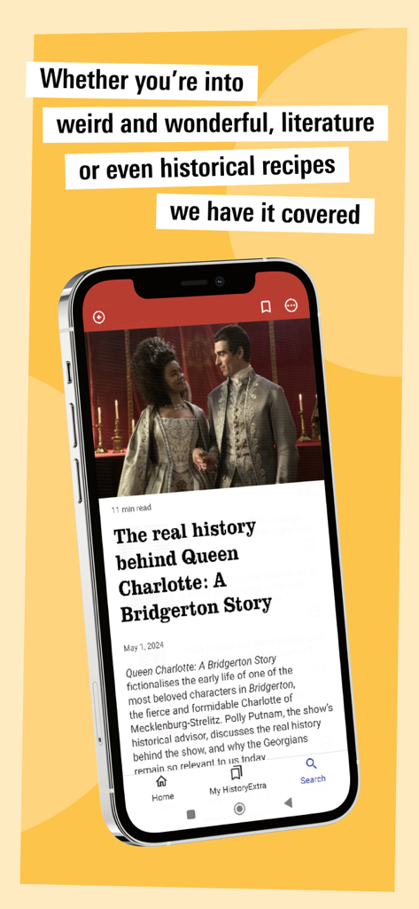 Um smartphone exibindo um artigo sobre a história real da Rainha Charlotte no aplicativo History Extra