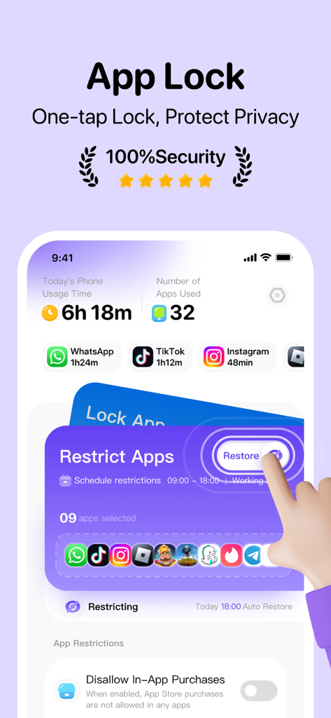 Hidem - App Lock, Lock Apps - Interfaz de la app Hidem que muestra el seguimiento del uso de apps y las opciones de restricción de seguridad