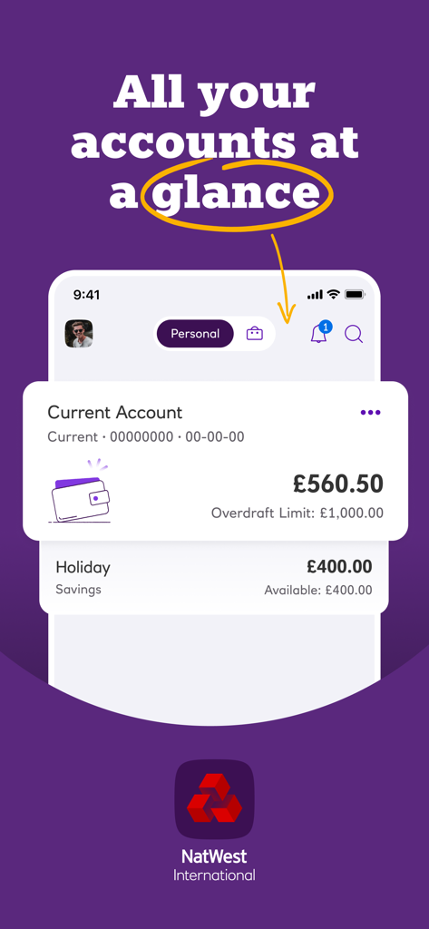 NatWest International mobile app showing current and savings account summaries