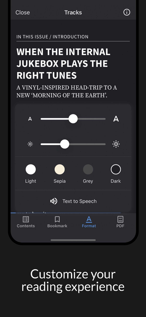 Tracks Magazine - A mobile interface of Tracks Magazine showing options to customize font size, brightness, and color themes