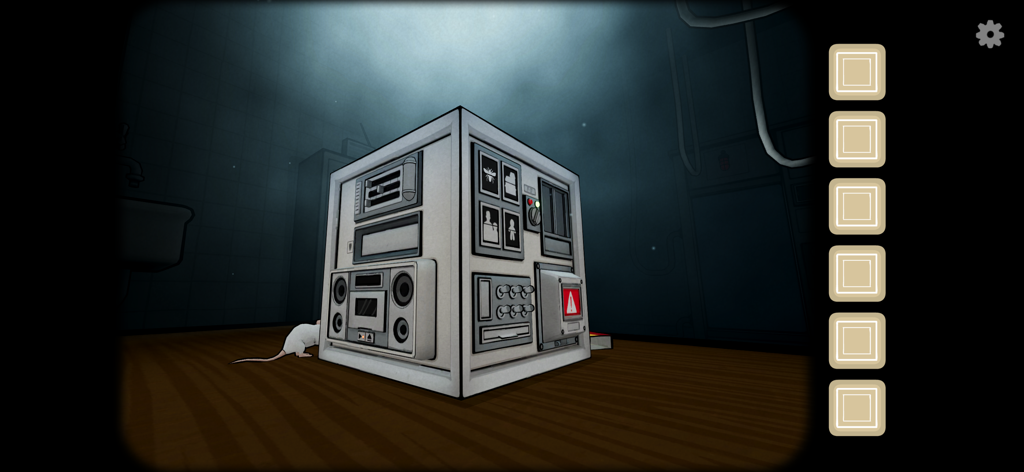 Un cubo de rompecabezas mecánico blanco en una habitación oscura del juego The Past Within