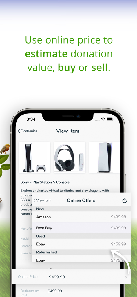 Nest Egg - Inventory - Nest Egg app screen showing online price offers for a PlayStation 5 to estimate item value.