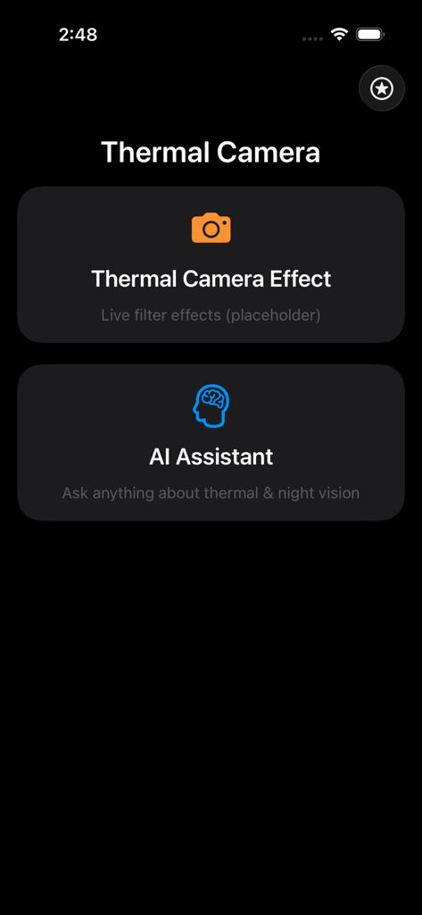 Thermal Camera Filter Effects - Interface of the Thermal Camera app featuring thermal effect and AI assistant buttons
