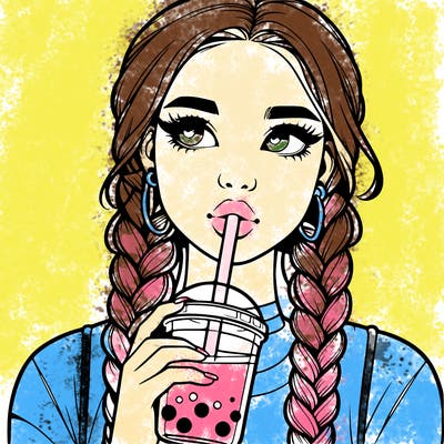 realistic girl with braided hair drinking boba