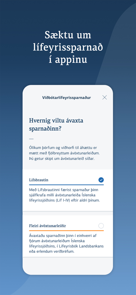Landsbankinn - Landsbankinn mobile app screen showing options for supplementary pension savings