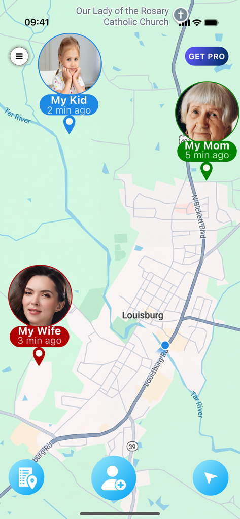 Mapa de rastreo de ubicación familiar en tiempo real en la aplicación Localizador.