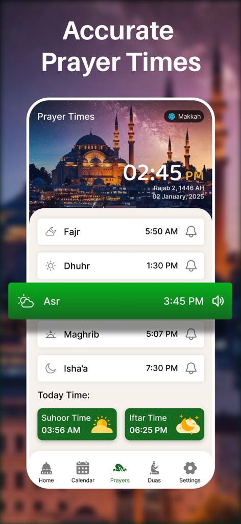Interface of the Ramadan Calendar 2026 app showing daily prayer times, Suhoor, and Iftar schedule with a mosque background.