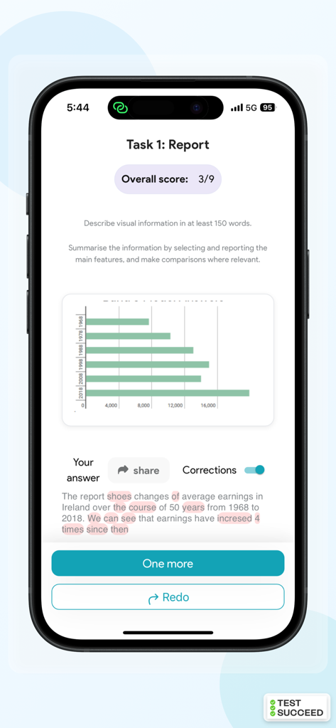 IELTS Practice & Mock Tests - Pantalla de práctica de la tarea de escritura IELTS mostrando un informe con puntuación y correcciones
