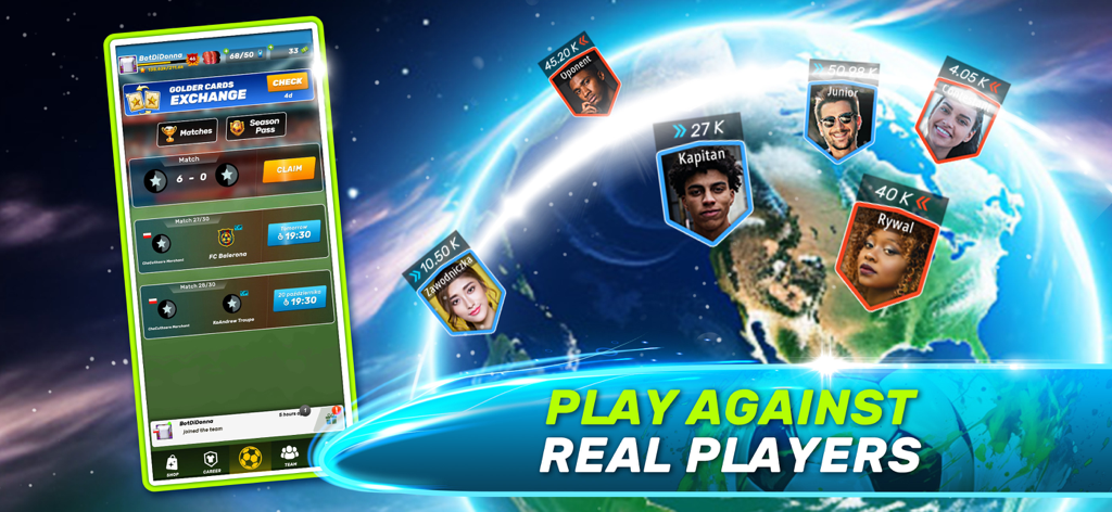 Soccer Clash: Football Game - Interfaz del juego móvil Soccer Clash que muestra jugadores reales en un mapa del mundo.