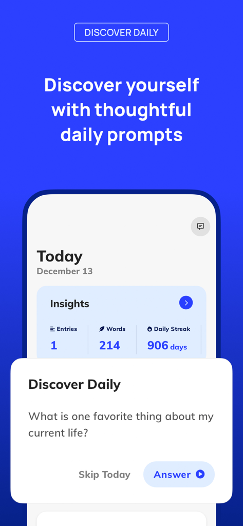 Clearful - Journal & Diary - The Clearful app interface showing a daily journaling prompt and a user insights dashboard with a daily streak.
