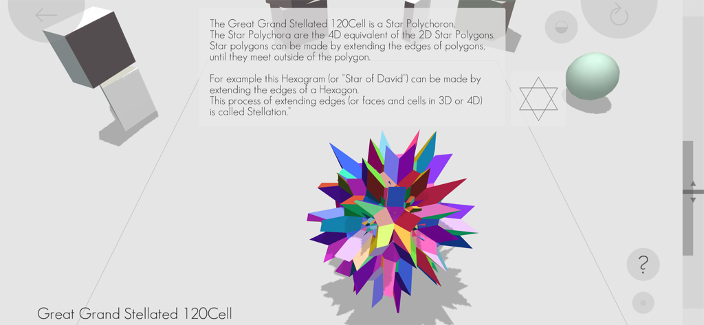 4D Toys - A colorful 4D Great Grand Stellated 120-cell geometric shape in the 4D Toys app.