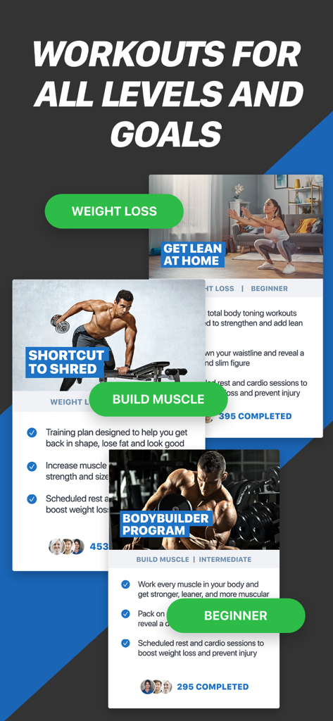 A showcase of different workout plans in the Fitness Buddy app including weight loss build muscle and bodybuilding programs for all fitness levels