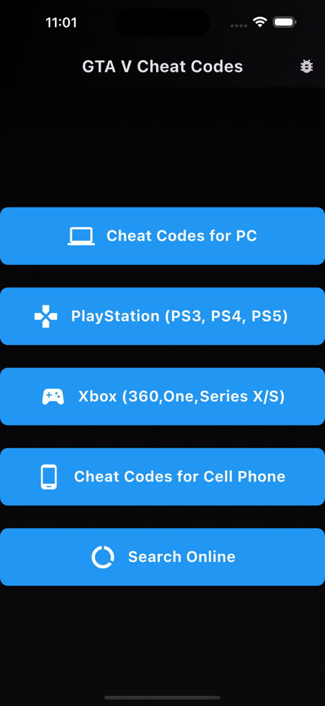 GTA V Cheat Codes app home screen with selection buttons for PC PlayStation and Xbox platforms