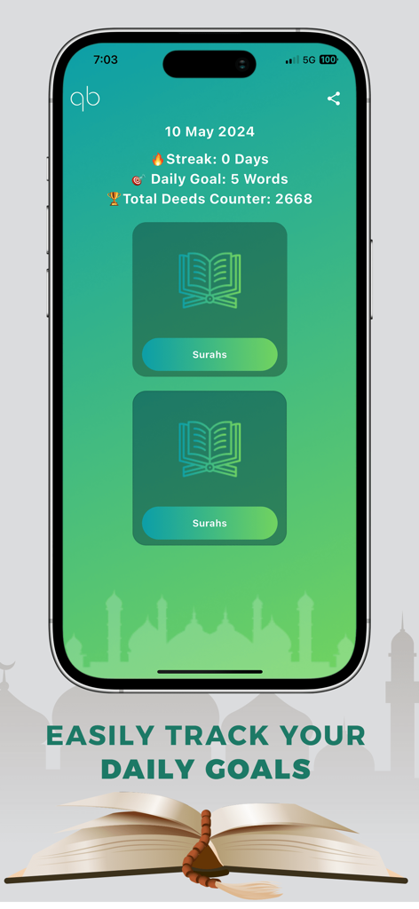 Quran Buddy: Memorize Quran - Dashboard of the Quran Buddy app showing daily word goals and progress tracking