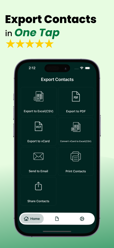 Get contact Backup: vCard, CSV - Screenshot der Benutzeroberfläche der Kontakte sichern App mit Optionen zum Exportieren von Kontakten als CSV, Excel, PDF und vCard