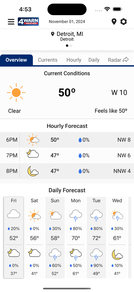 Interface of the WDIV 4Warn Weather app showing current weather conditions and hourly and daily forecasts for Detroit Michigan
