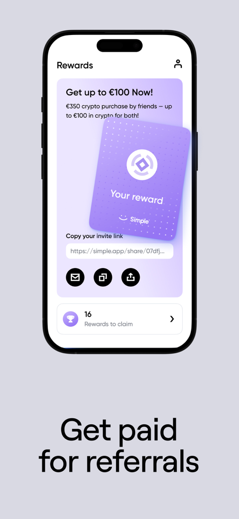 Smartphone screen showing the Simple app rewards page where users can get paid for referring friends to the crypto wallet.