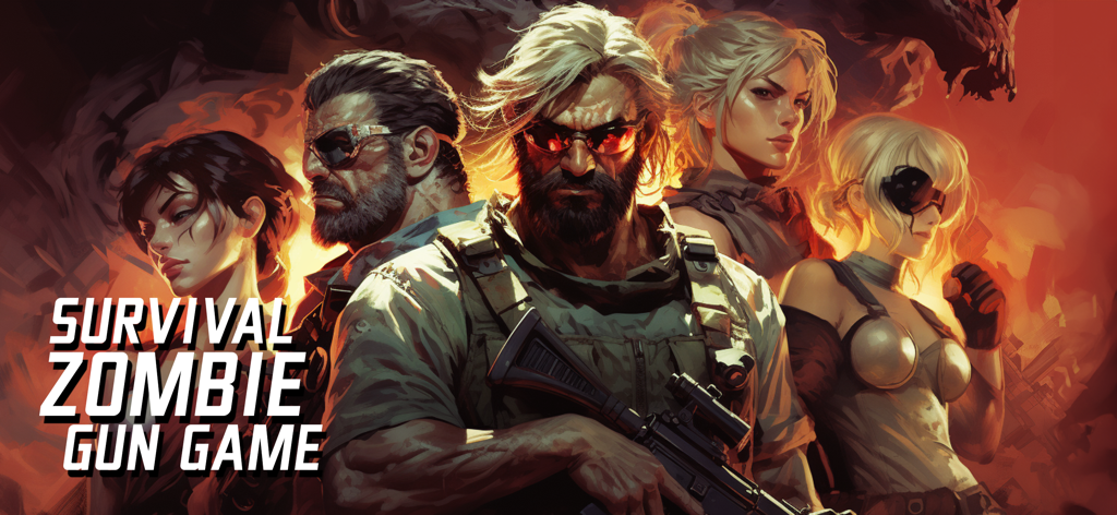 Zombie Sniper War 3D: Dead FPS - Un grupo de cinco supervivientes tácticos armados de pie contra un telón de fondo ardiente en un escenario de apocalipsis zombi.