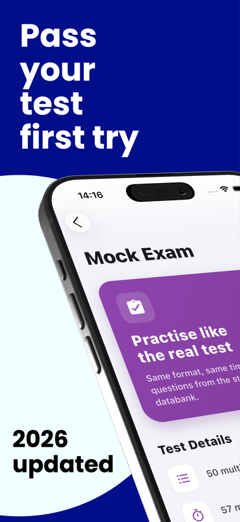 Driving Theory 2026 Test Kit - Captura de tela do aplicativo de Teoria de Condução do Reino Unido 2026 mostrando a interface do exame simulado e o slogan passe no seu teste na primeira tentativa