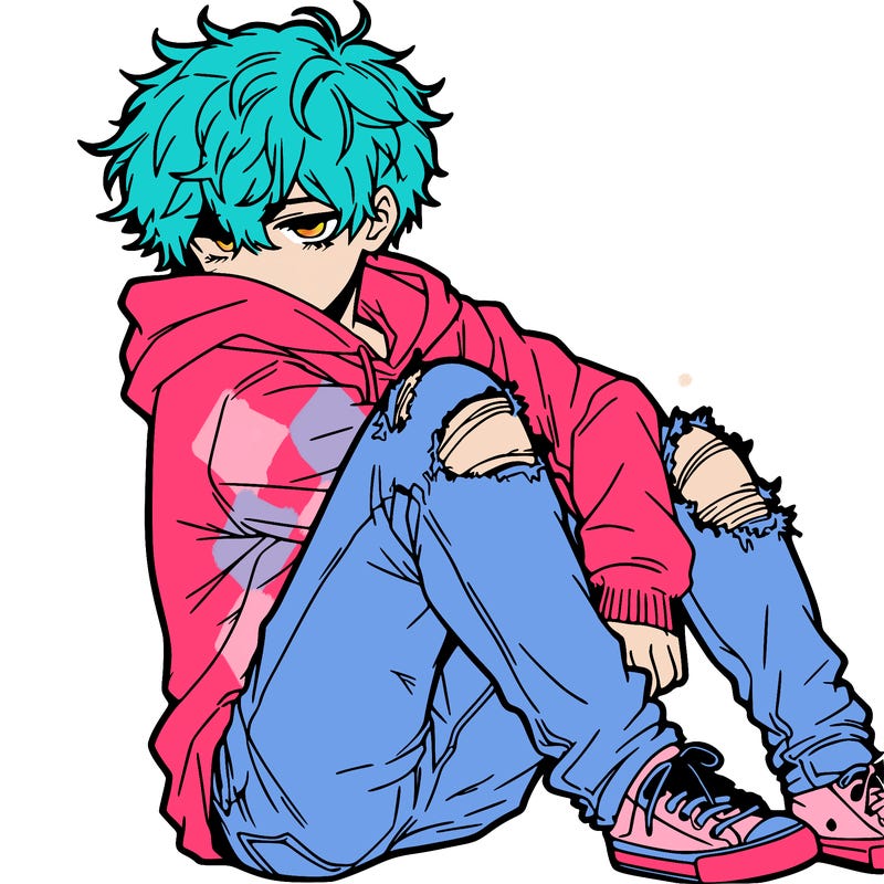 a male hoddie ripped jeans messy hair anime