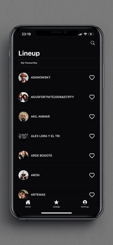 Tecate Pa'l Norte - Lineup section of the Tecate Pal Norte app listing festival performers
