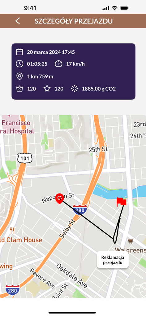 W kółko kręcę - Una pantalla de la aplicación W kolko krece que muestra estadísticas de viaje como duración, velocidad, distancia y un mapa de ruta.