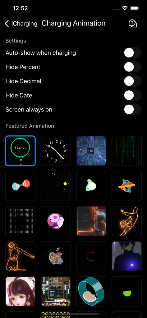 Interface of the iCharging app showing various charging animation styles and display settings.