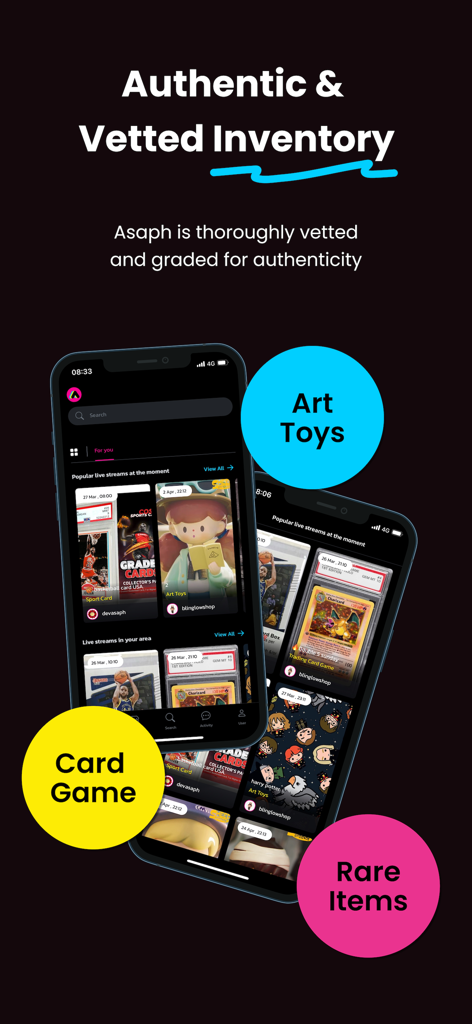 ASAPH LIVE - Pantalla de la aplicación ASAPH LIVE que muestra inventario auténtico y verificado de juegos de cartas coleccionables y juguetes de arte